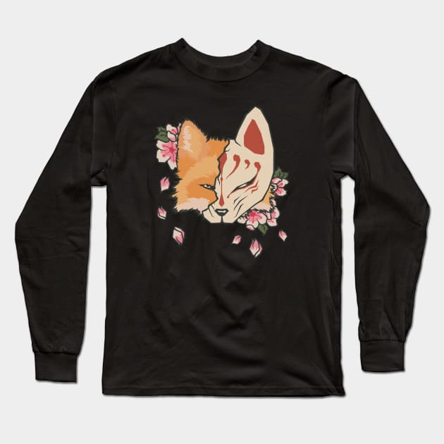 Kitsune Masked Fox Sakura Long Sleeve T-Shirt by MythoCulture